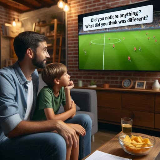 サッカーの映像を見ながら質問する父子
