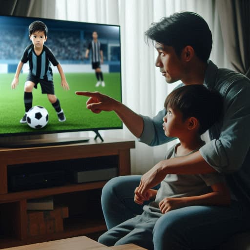 サッカー映像を指さしながら子どもに諭す親