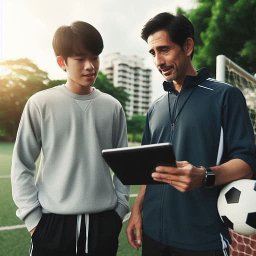 タブレットを見ながらコーチと話し合う父親